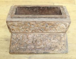 17/18th century continental carved oak rectangular box with lift of lid, the heavy carved detail