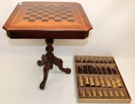 Decorative wooden chess table, complete with full set of ornate resin chess pieces