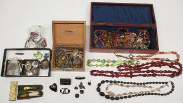 Collection of costume jewellery and collectables incl, several bead necklaces, brooches, clips,