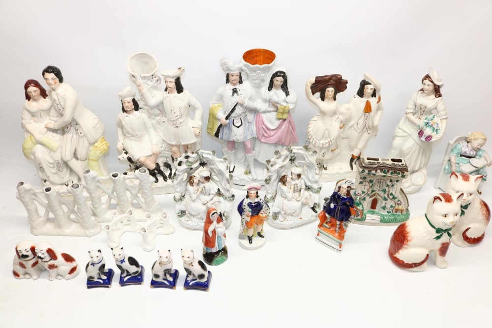 Collection of Staffordshire style and other figures, incl. flatback groups, cats, dogs, etc. - Image 2 of 7