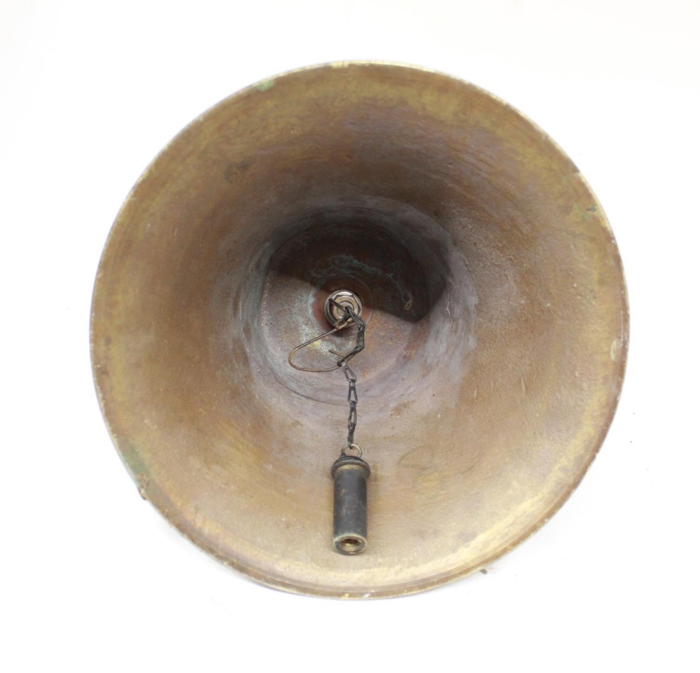 Large brass bell with ornate headstock, lacking original clapper, and a small brass bell casing, - Image 3 of 3