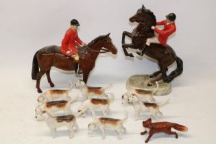 Beswick fox hunting group comprising Huntsman on rearing horse no. 868, H24cm; Huntsman no. 1501;