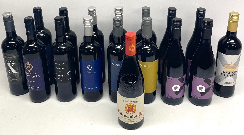 Collection of various predominantly New World and Spanish red wines, and a bottle of Les