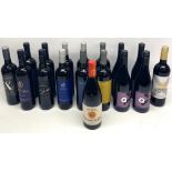 Collection of various predominantly New World and Spanish red wines, and a bottle of Les