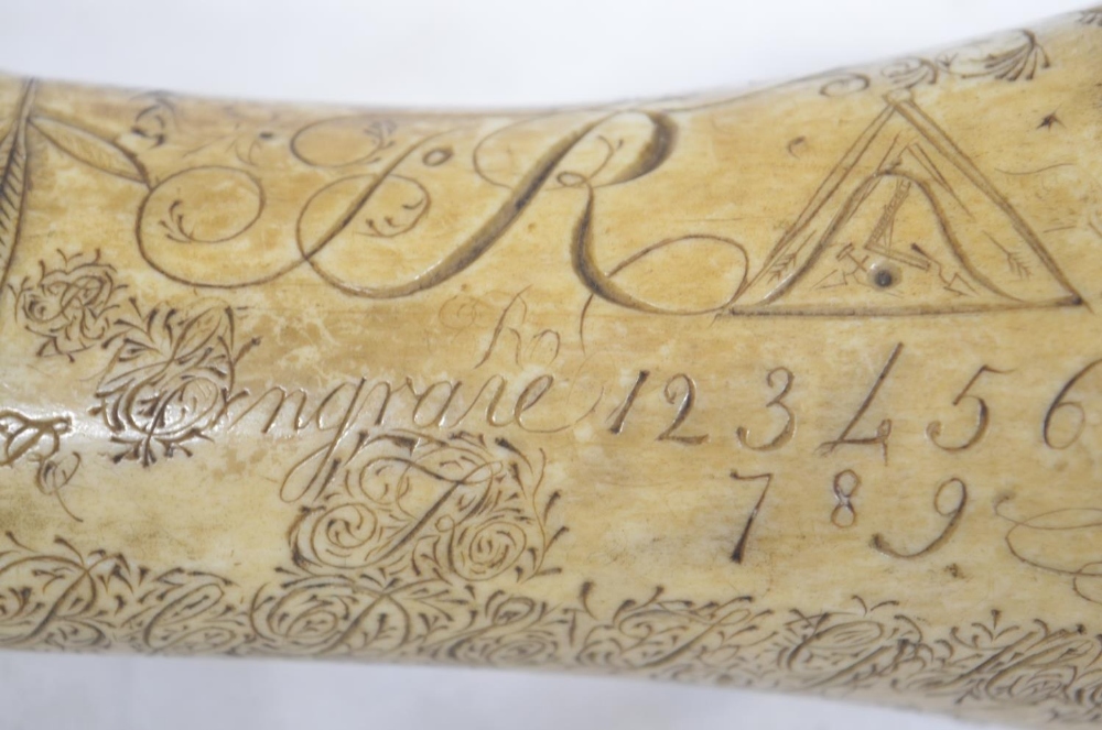 Bone quill holder with scrimshaw design including alphabet, numbers, animals and various symbols and - Image 6 of 6