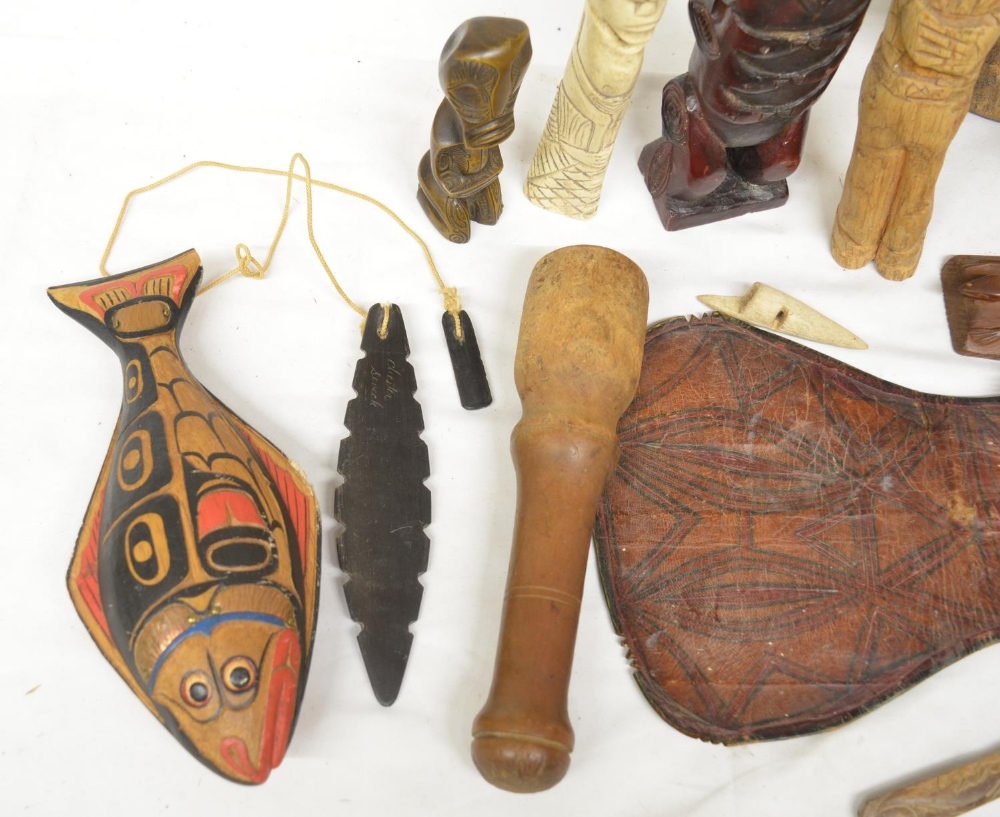 Collection of ethnic art and decorative items including a North American Haida tribal fish rattle, a - Image 3 of 6