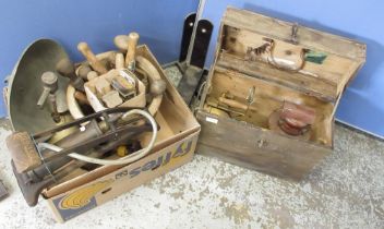 Vintage Dunlop foot pump, Wall Model Tilley Lamp fitter box, Tilley Radiator Model, vintage tools