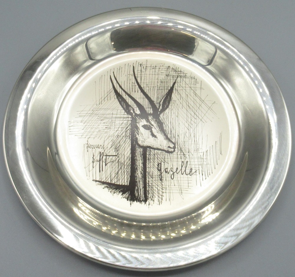 Bernard Buffet sterling silver Gazelle plate, stamped 925, C.1973, boxed with certificate, D20cm,
