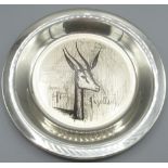 Bernard Buffet sterling silver Gazelle plate, stamped 925, C.1973, boxed with certificate, D20cm,