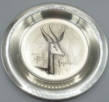 Bernard Buffet sterling silver Gazelle plate, stamped 925, C.1973, boxed with certificate, D20cm,