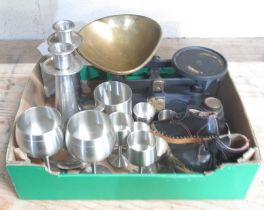 Collection of Singapore pewter incl. goblets, candlesticks, napkin rings etc. a set of kitchen