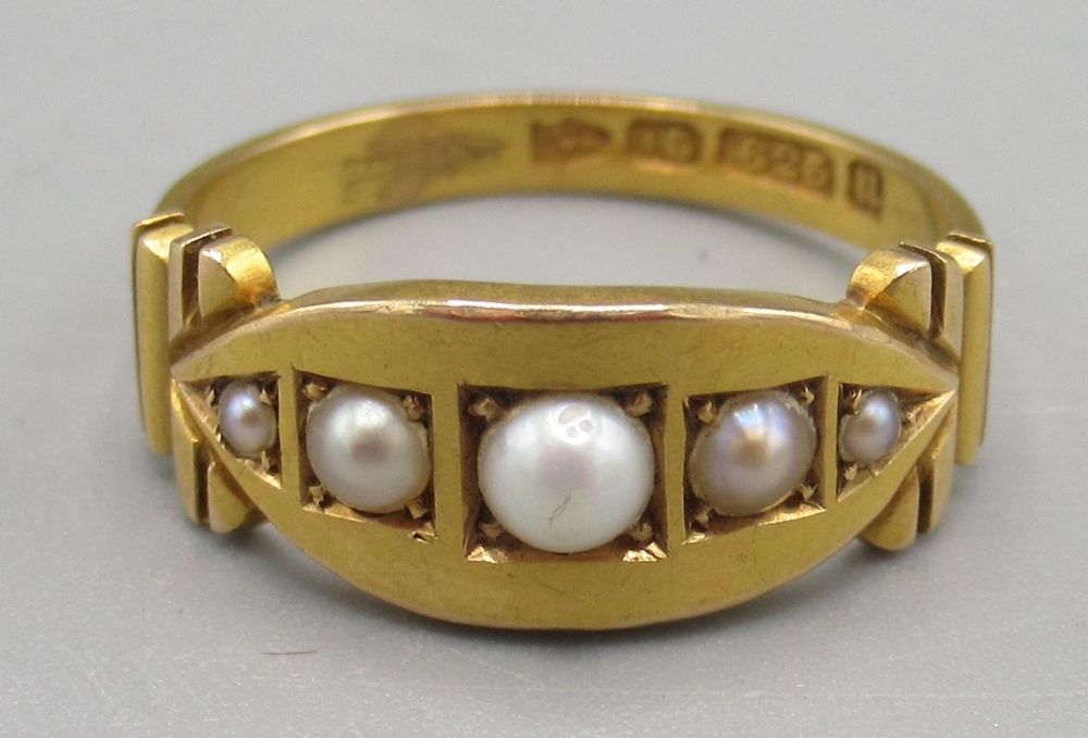 Victorian 15ct yellow gold ring set with seed pearls, stamped 15, size M, 3.1g - Image 2 of 3