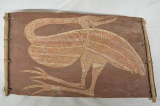 Australian Aboriginal bark painting by Yuwunyuwun titled Bush Turkey from the region of Liverpool