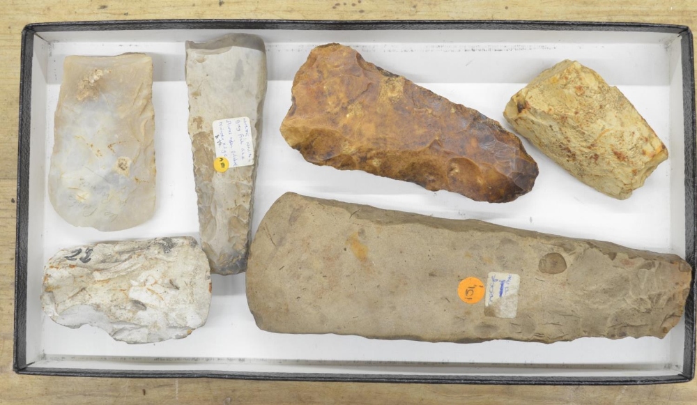 Six neolithic stone and flint hand axe heads, largest L22cm (Victor Brox collection) - Image 2 of 2