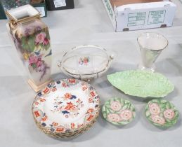 Set of six Victorian Copeland Imari pattern plates, Maling lustre glaze vase, Carlton Ware leaf dish