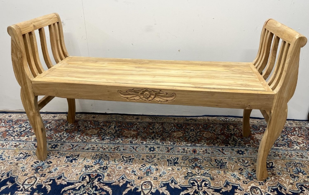 Carved wood bench with central floral motif, 106 x 64 x 36cm