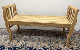 Carved wood bench with central floral motif, 106 x 64 x 36cm