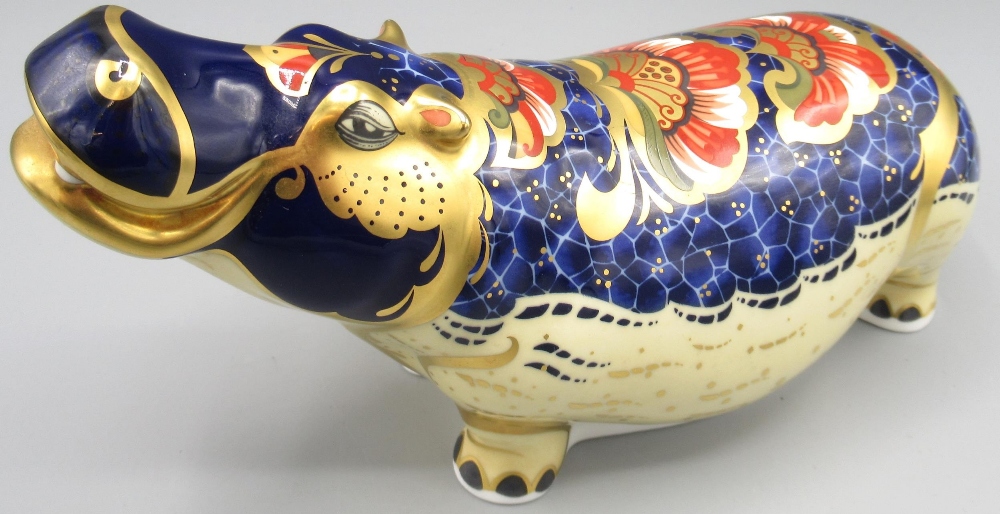 Royal Crown Derby hippopotamus paperweight, gold stopper, with box, no certificate, L20cm