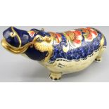 Royal Crown Derby hippopotamus paperweight, gold stopper, with box, no certificate, L20cm