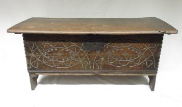 18th century oak boarded coffer, chip carved with scrolls, W96cm D36cm H46cm (Victor Brox