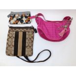 Coach fabric and suede leather pink shoulder bag, serial No. F04J-6351, Tan Coach logo cross body