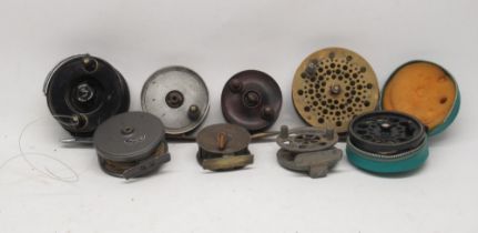 Wesley Richards & Co., alloy fly reel, pat no.27023, serial no.B176, D9cm; J.W. Young & Sons Ltd.,