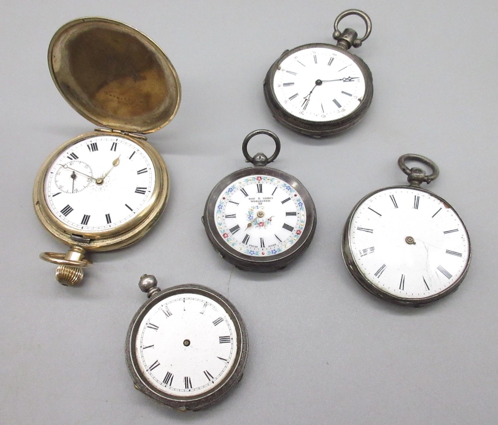 Buren rolled gold keyless hunter pocket watch, white enamel Roman dial, subsidiary seconds, Illinois