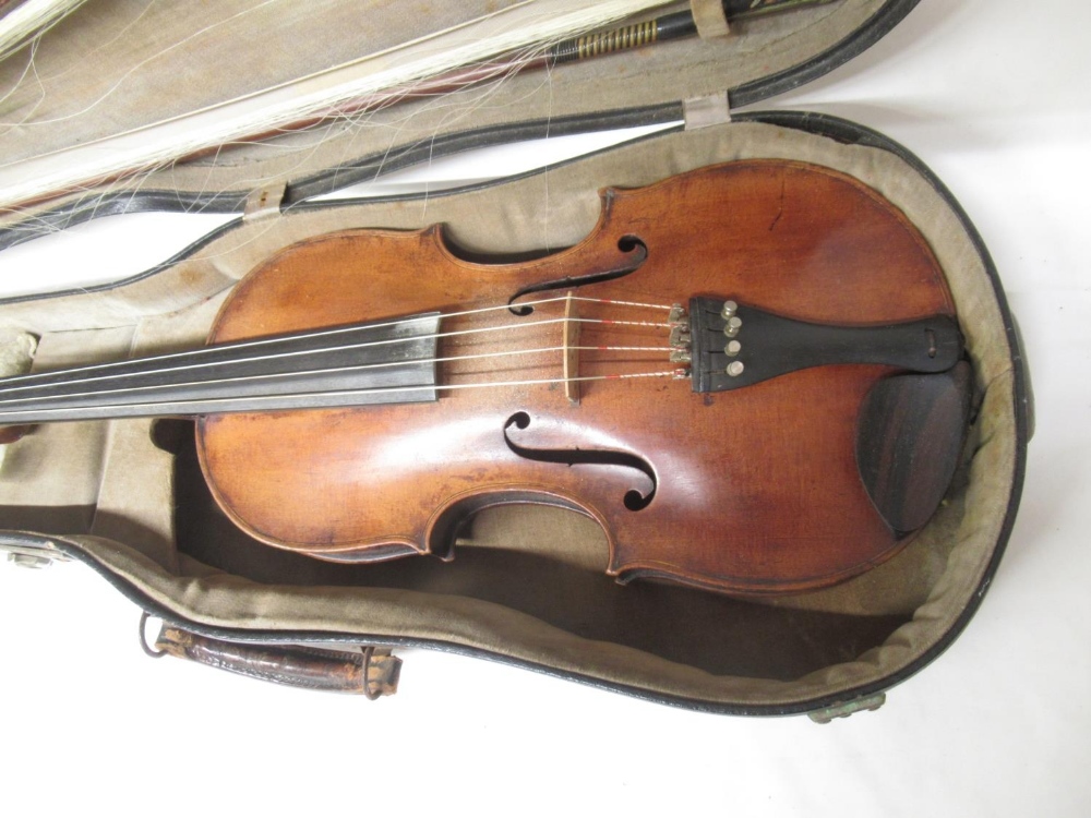 Three unnamed violins, 2 with 2 bows in travel cases and another lacking bow in travel box (Victor - Image 3 of 12