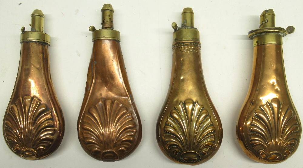 G & J.W. Hawksley copper and brass embossed powder flask, decorated with shell motif, 20.5cm and