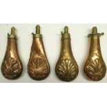 G & J.W. Hawksley copper and brass embossed powder flask, decorated with shell motif, 20.5cm and