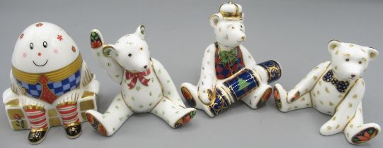 Four Royal Crown Derby paperweights incl. Treasures of Childhood Humpty Dumpty, and three teddy