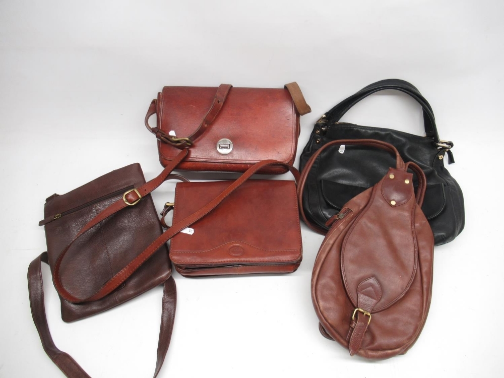 A.D. MacKenzie leather saddle bag, Radley leather cross body bag, and three other leather bags