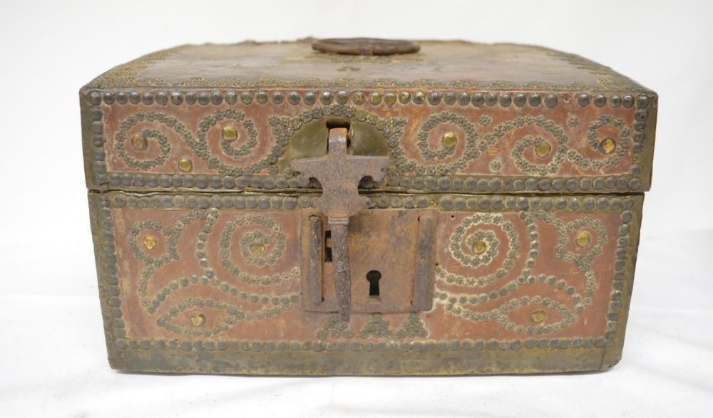 Circa 17th century leather bound table box with wrought metal flap lock and ornate metal pinned - Image 6 of 8