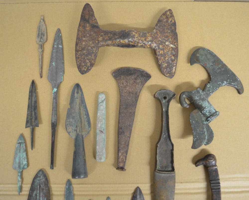 Collection of ancient Greek and Roman copper and bronze knives, spear and arrow heads, a double - Image 3 of 3