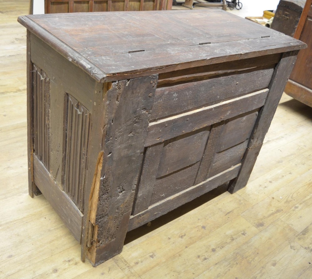 18th century French oak side cabinet, hinged top above two doors carved with strapwork, W129cm D63cm - Image 3 of 6
