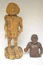 Wood carved woodsman style full figure (extensive woodworm, H68cm) and another wood carving of a