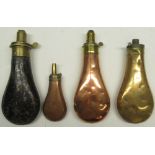 Sykes Patent brass and japanned steel powder flask, two other Sykes Patent powder flasks and one