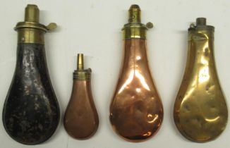 Sykes Patent brass and japanned steel powder flask, two other Sykes Patent powder flasks and one