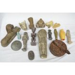 Collection of mostly Egyptian stone and clay figures, mostly modern. Also a small grindstone with