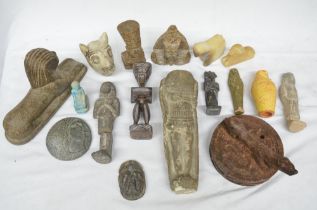Collection of mostly Egyptian stone and clay figures, mostly modern. Also a small grindstone with