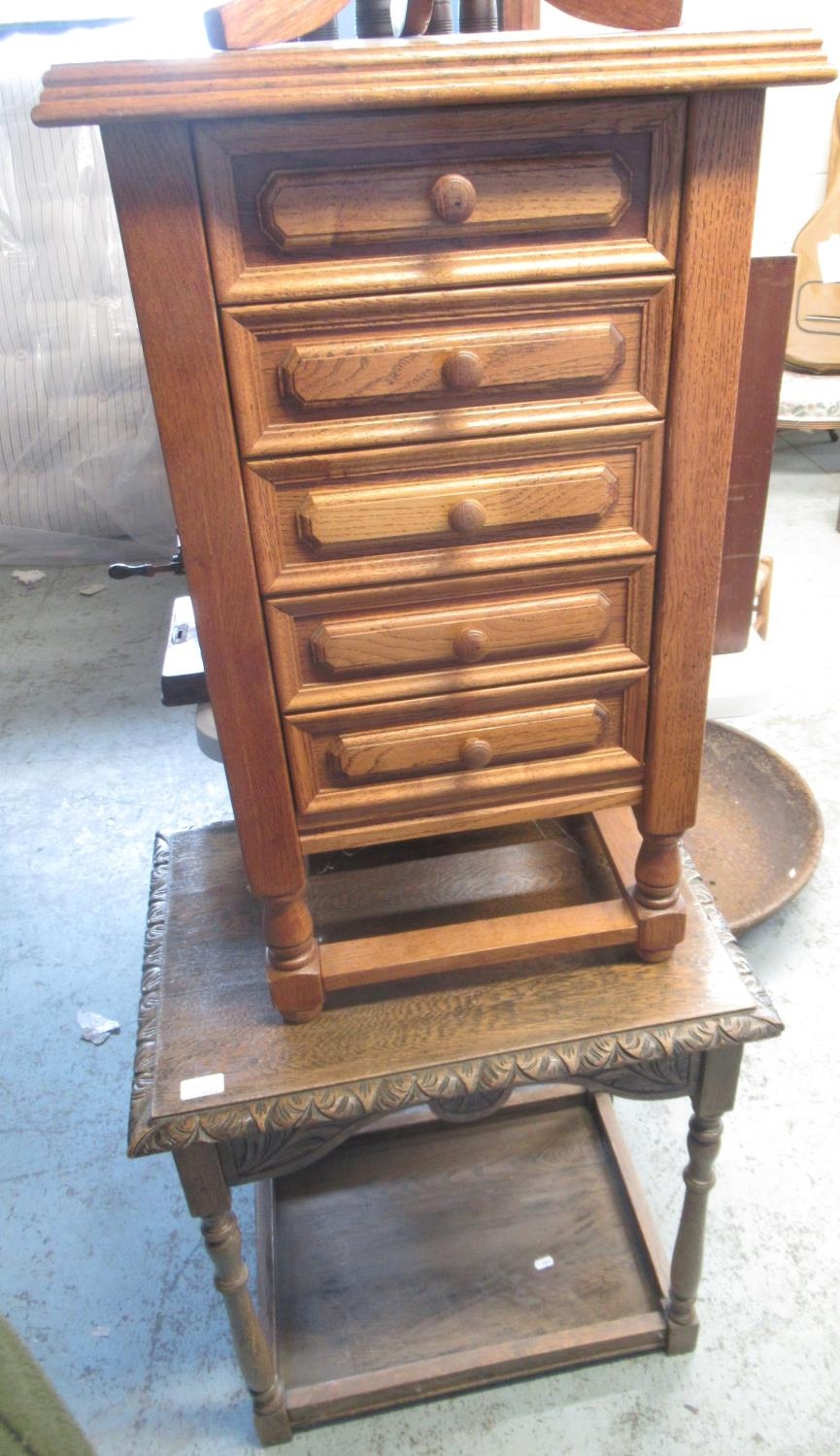 Small oak chest of five drawers, oak occasional table with carved detail and an oak wine table