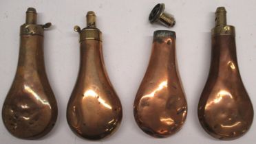 Two G. & J.W. Hawksley copper and brass powder flasks, 19.5cm and two similar