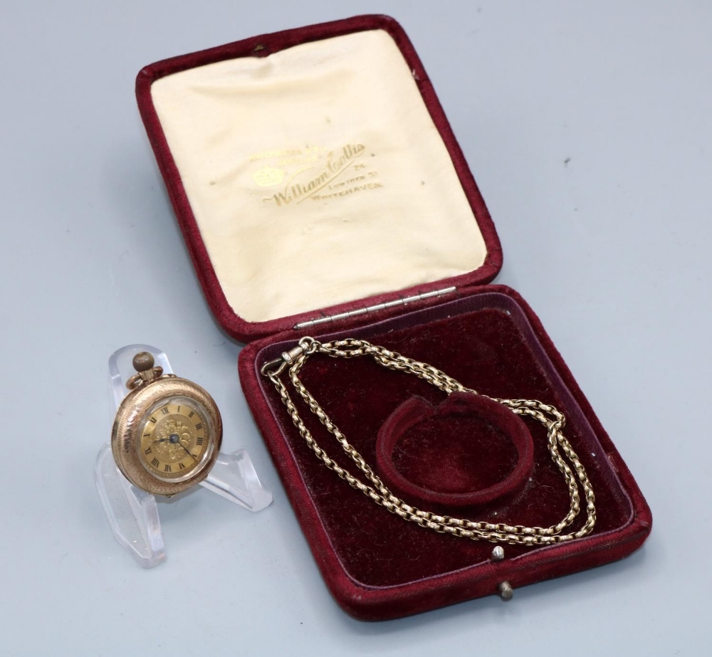 Swiss ladies 9ct gold keyless pin set fob watch, two tone gold coloured bright cut dial with Roman