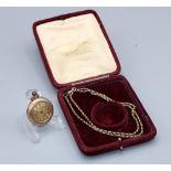 Swiss ladies 9ct gold keyless pin set fob watch, two tone gold coloured bright cut dial with Roman