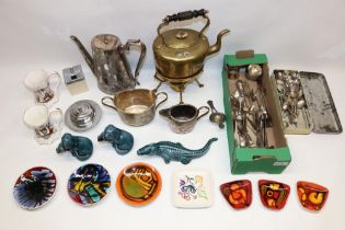 Seven Poole Pottery pin dishes, three Poole Pottery animals, other ceramics, various metalware incl.