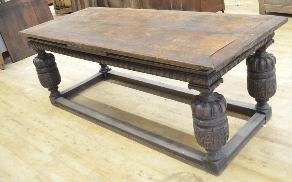 Elizabethan style oak rectangular refectory draw leaf dining table, with lobed frieze on cup and - Image 3 of 5