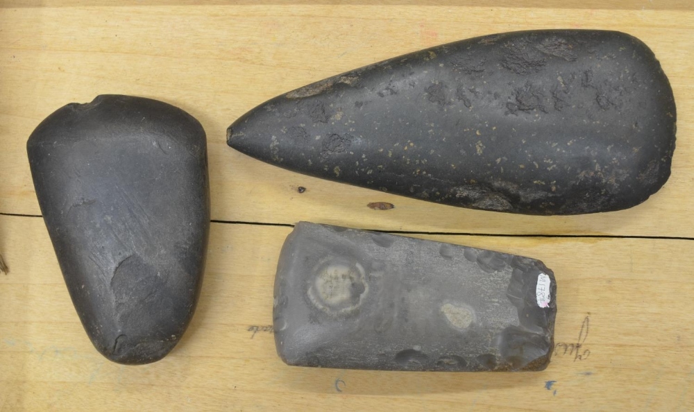 Three neolithic stone and flint hand axe heads, largest L17cm (Victor Brox collection) - Image 2 of 4