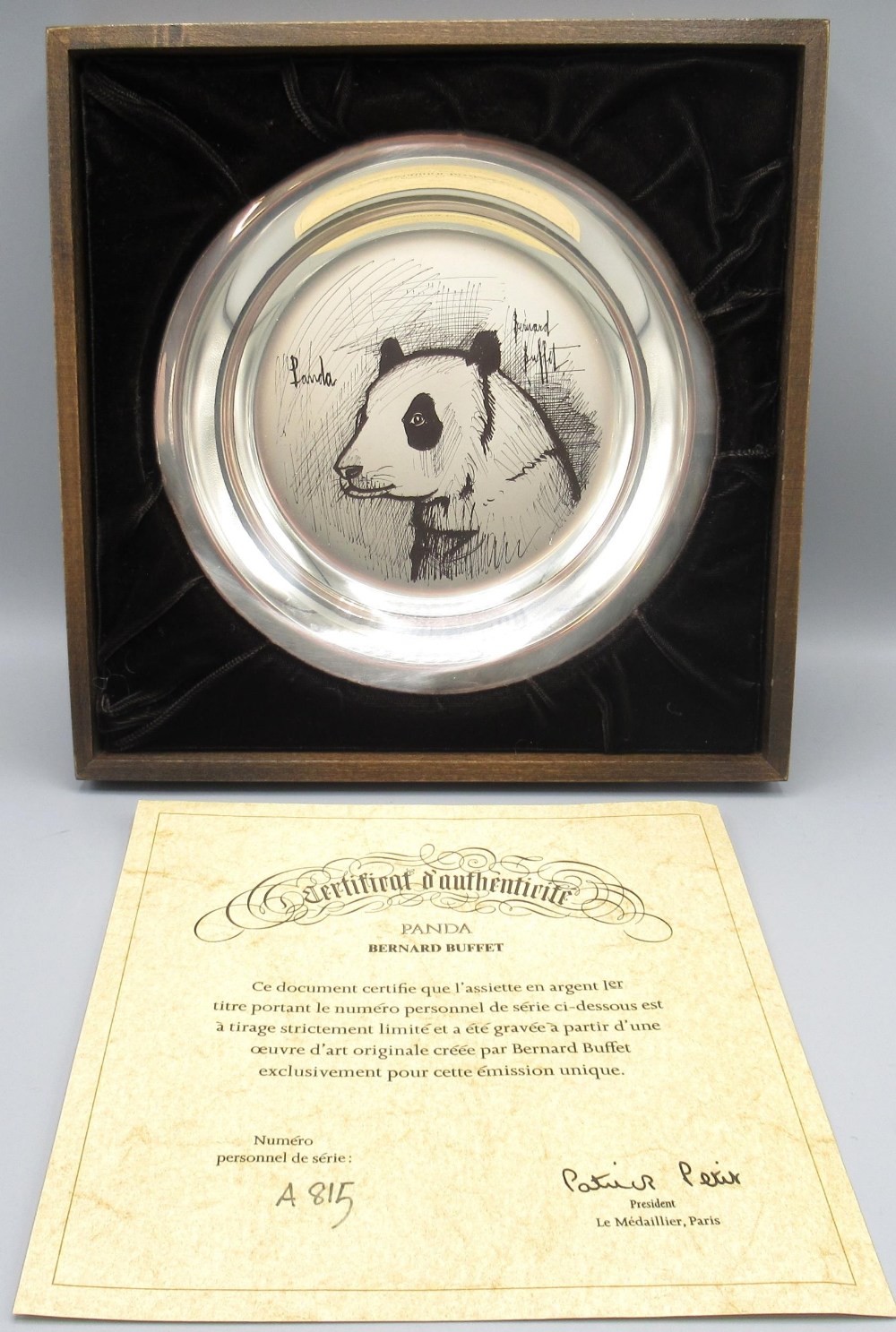 Bernard Buffet sterling silver Panda plate, stamped 925, C.1974, boxed with certificate, D20cm, 6. - Image 2 of 3