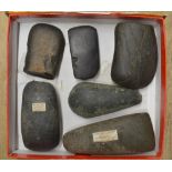 Five neolithic stone hand axe heads, largest L14cm (Victor Brox collection)