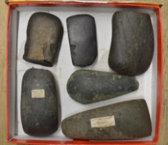 Five neolithic stone hand axe heads, largest L14cm (Victor Brox collection)